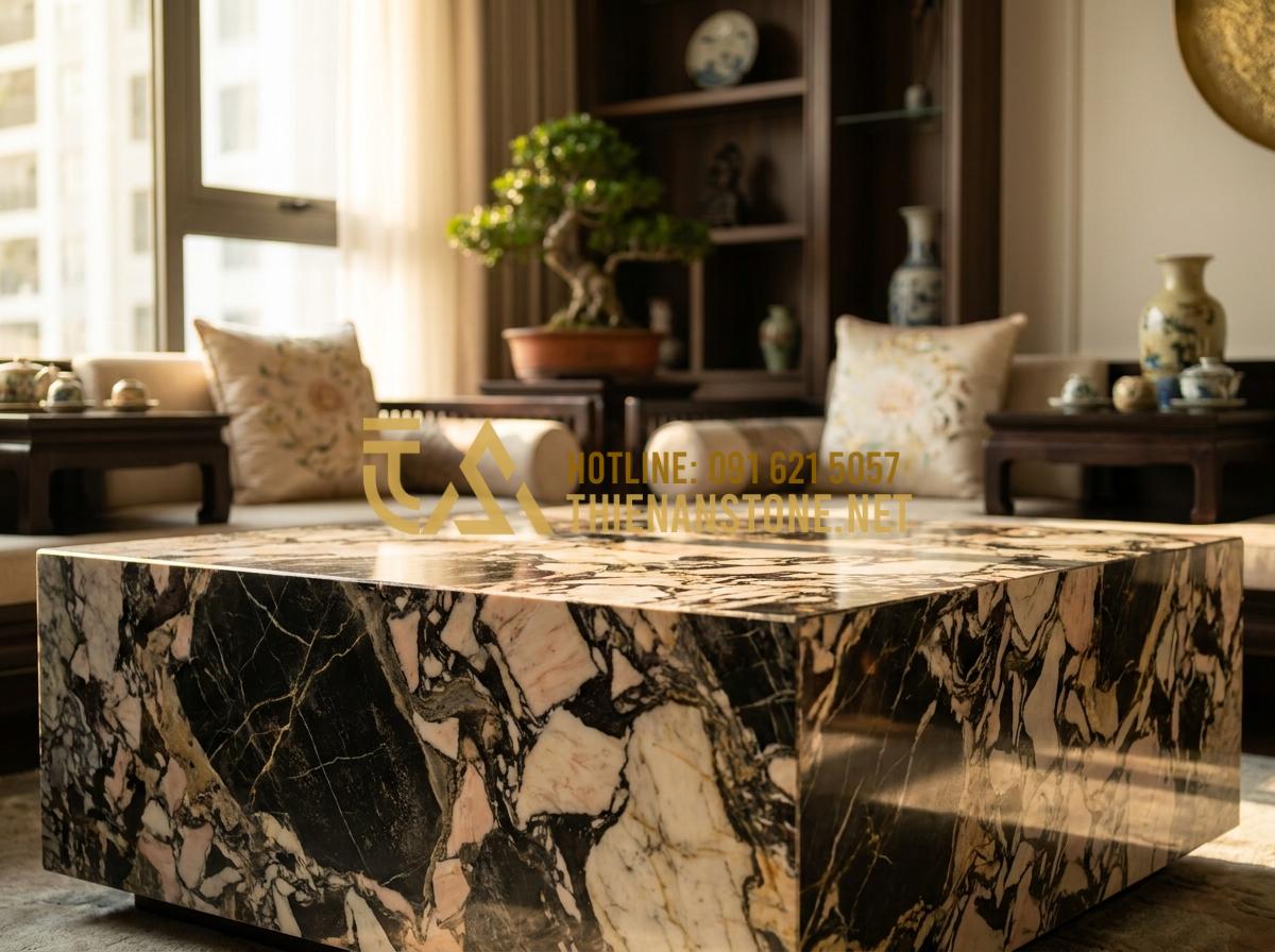 Hướng dẫn chọn mặt bàn trà bằng đá phù hợp với khung chân sắt và gỗ - Tạo ảnh tiếng Anh: A high-end luxury living room interior featuring a natural st