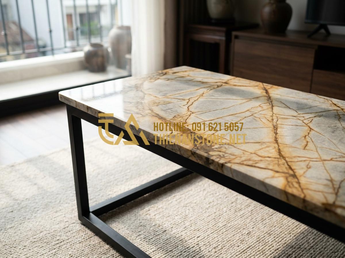 Hướng dẫn chọn mặt bàn trà bằng đá phù hợp với khung chân sắt và gỗ - Tạo ảnh tiếng Anh: Modern industrial style coffee table with a black powder-coat