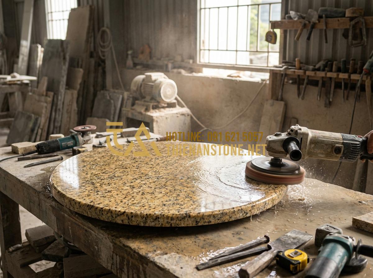 Hướng dẫn chọn mặt bàn trà bằng đá phù hợp với khung chân sắt và gỗ - Tạo ảnh tiếng Anh: A skilled stone craftsman in a workshop carefully polishing t