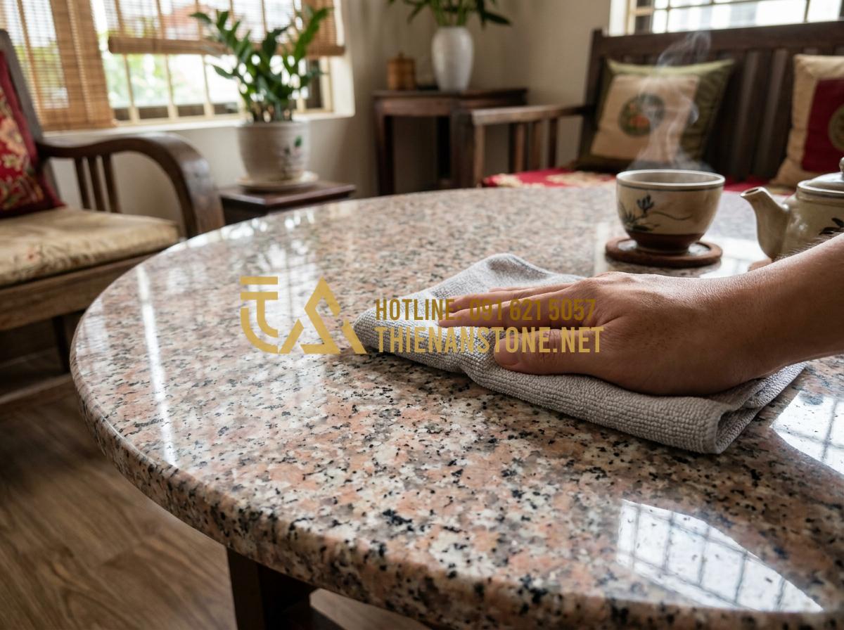 Hướng dẫn chọn mặt bàn trà bằng đá phù hợp với khung chân sắt và gỗ - Tạo ảnh tiếng Anh: Close-up of a person gently wiping a shiny black granite coff