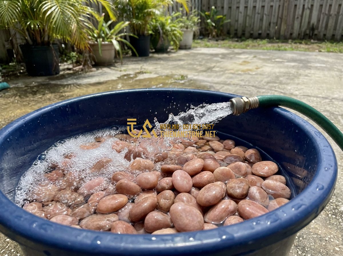 Hướng Dẫn Chọn Sỏi Trang Trí Bể Cá Hồ Cá Đúng Chuẩn An Toàn Cho Cá - Hình 4 Hướng Dẫn Chọn Sỏi Trang Trí Bể Cá Hồ Cá Đúng Chuẩn An Toàn Cho Cá - Tạo ảnh tiếng Anh: A person cleaning aquarium gravel in a large bucket using a g