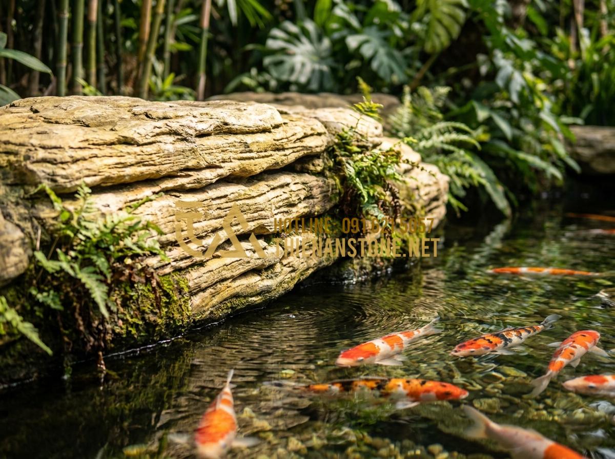 Hướng Dẫn Dùng Đá Cổ Thạch Kè Hồ Cá Koi Tuyệt Đẹp, Chuẩn Kỹ Thuật - Hình 1 Hướng Dẫn Dùng Đá Cổ Thạch Kè Hồ Cá Koi Tuyệt Đẹp, Chuẩn Kỹ Thuật - Close-up view of ancient Vietnamese co thach stone with natural veins and textur