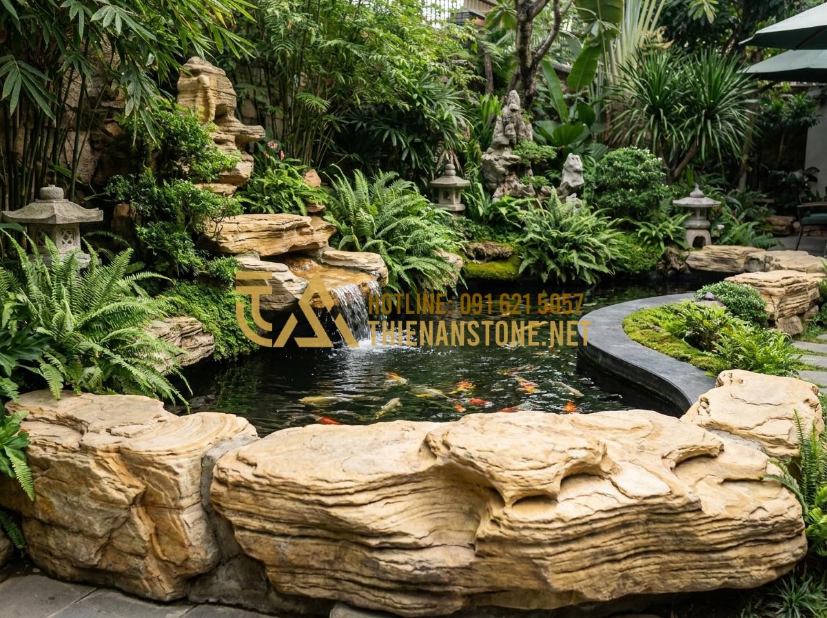 Hướng Dẫn Dùng Đá Cổ Thạch Kè Hồ Cá Koi Tuyệt Đẹp, Chuẩn Kỹ Thuật - Hình 11 Hướng Dẫn Dùng Đá Cổ Thạch Kè Hồ Cá Koi Tuyệt Đẹp, Chuẩn Kỹ Thuật - Beautifully designed Koi pond with ancient stone edging, curved shapes, integrat