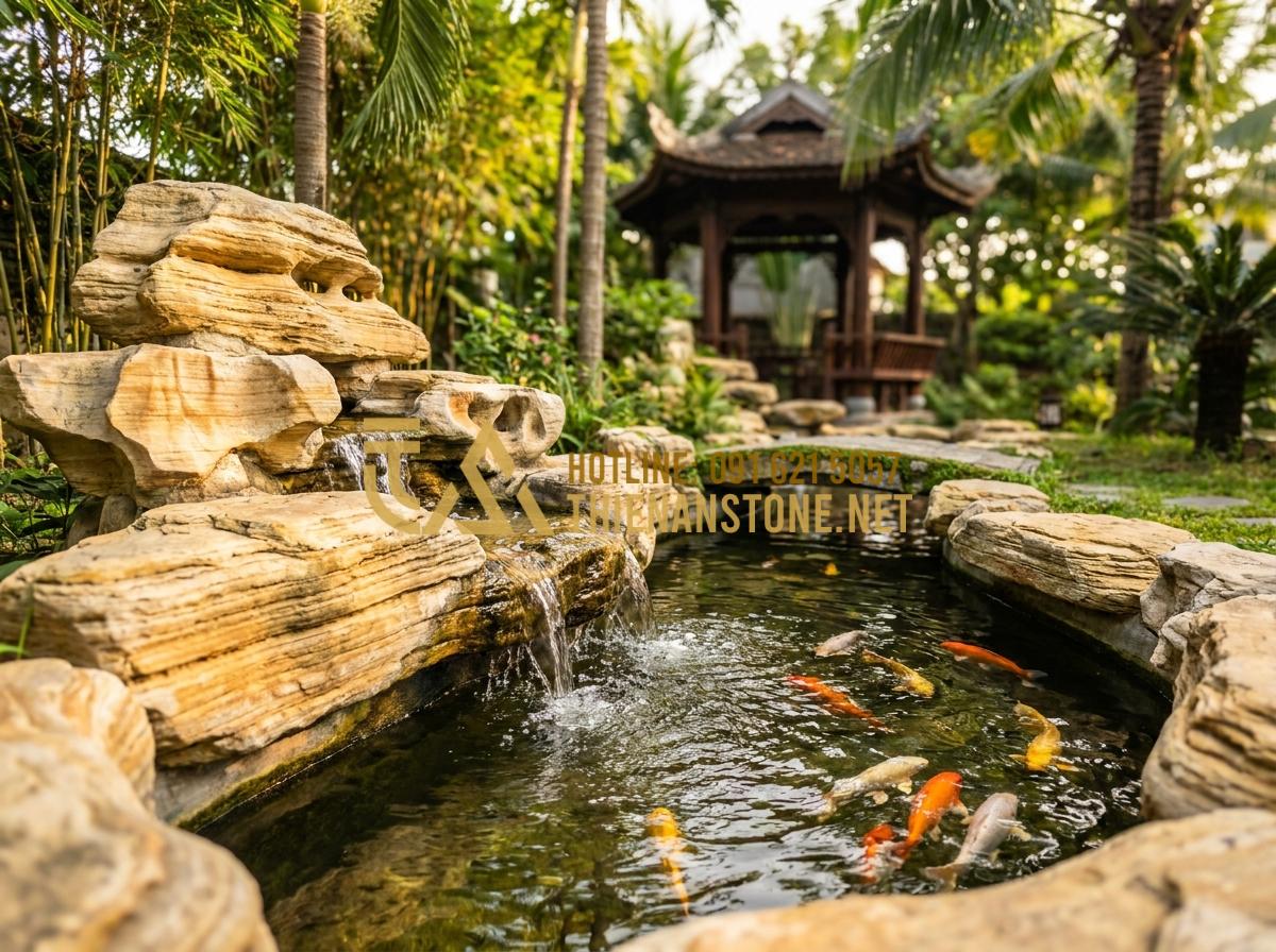 Hướng Dẫn Dùng Đá Cổ Thạch Kè Hồ Cá Koi Tuyệt Đẹp, Chuẩn Kỹ Thuật - Hình 12 Hướng Dẫn Dùng Đá Cổ Thạch Kè Hồ Cá Koi Tuyệt Đẹp, Chuẩn Kỹ Thuật - Feng shui optimized Koi pond design featuring ancient co thach stones, natural c