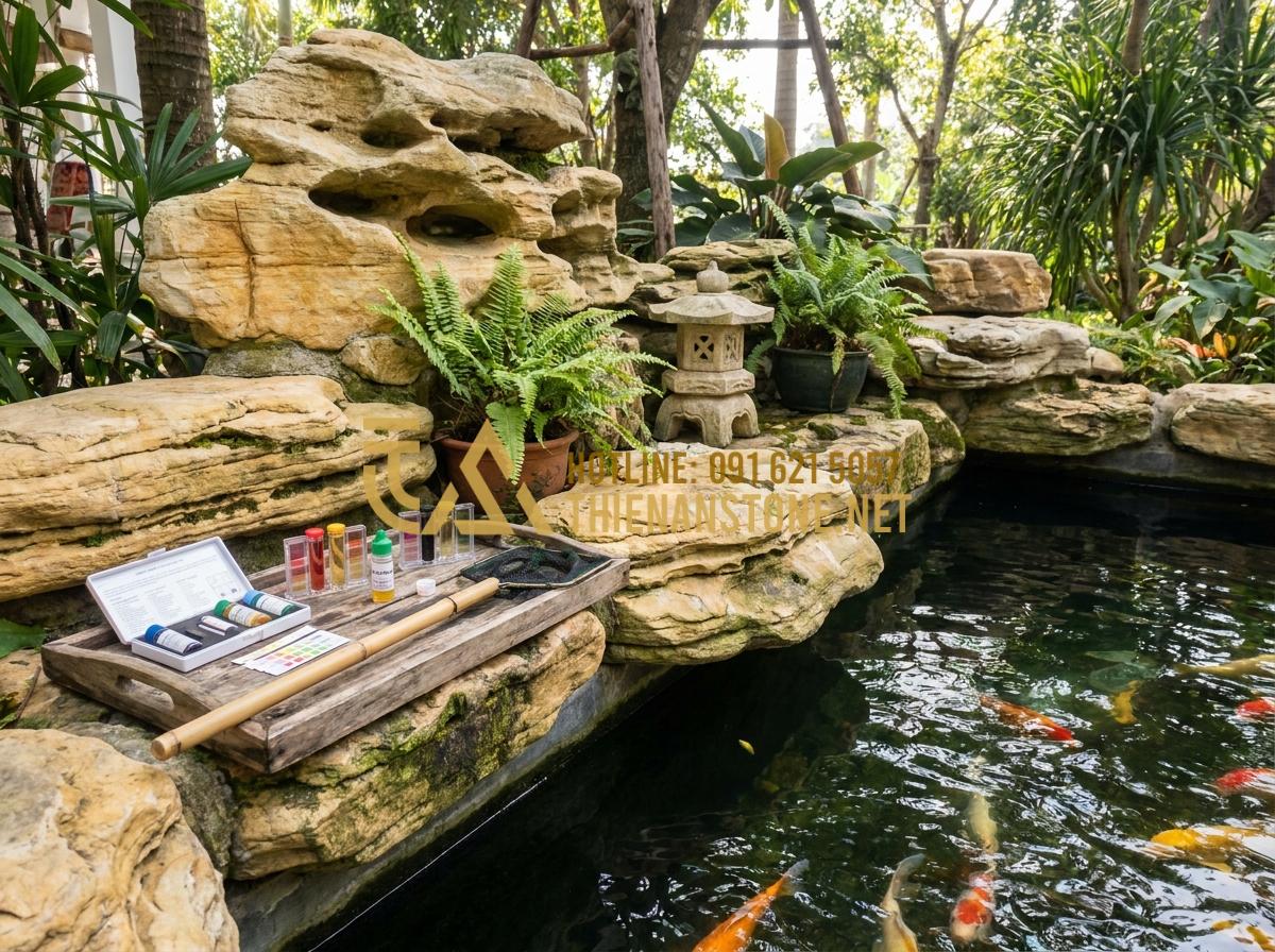 Hướng Dẫn Dùng Đá Cổ Thạch Kè Hồ Cá Koi Tuyệt Đẹp, Chuẩn Kỹ Thuật - Hình 13 Hướng Dẫn Dùng Đá Cổ Thạch Kè Hồ Cá Koi Tuyệt Đẹp, Chuẩn Kỹ Thuật - Maintenance process of Koi pond with worker cleaning ancient stone edges and che