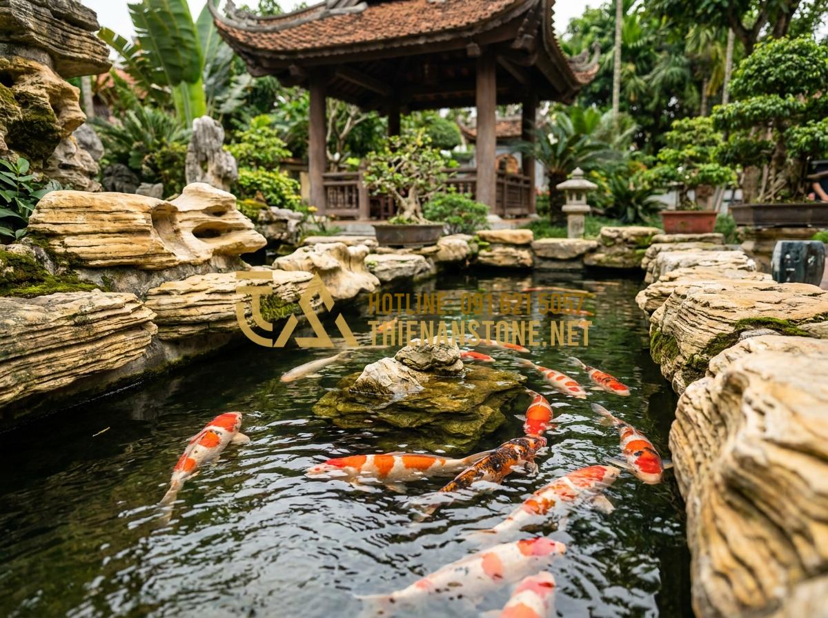 Hướng Dẫn Dùng Đá Cổ Thạch Kè Hồ Cá Koi Tuyệt Đẹp, Chuẩn Kỹ Thuật - Hình 14 Hướng Dẫn Dùng Đá Cổ Thạch Kè Hồ Cá Koi Tuyệt Đẹp, Chuẩn Kỹ Thuật - Well-maintained Koi pond after months showing pristine ancient stone edging, cle