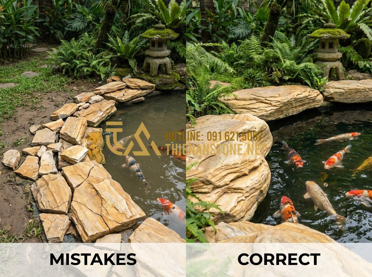 Hướng Dẫn Dùng Đá Cổ Thạch Kè Hồ Cá Koi Tuyệt Đẹp, Chuẩn Kỹ Thuật - Hình 15 Hướng Dẫn Dùng Đá Cổ Thạch Kè Hồ Cá Koi Tuyệt Đẹp, Chuẩn Kỹ Thuật - Common mistakes illustration with cracked poor quality stones vs correct ancient