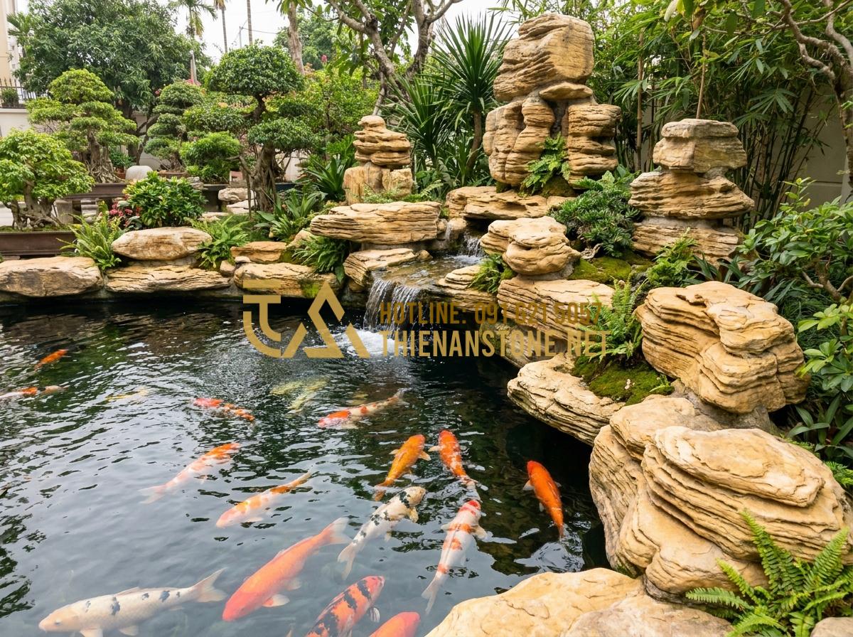 Hướng Dẫn Dùng Đá Cổ Thạch Kè Hồ Cá Koi Tuyệt Đẹp, Chuẩn Kỹ Thuật - Hình 16 Hướng Dẫn Dùng Đá Cổ Thạch Kè Hồ Cá Koi Tuyệt Đẹp, Chuẩn Kỹ Thuật - Corrected and perfected Koi pond using high quality ancient stones with no leaks