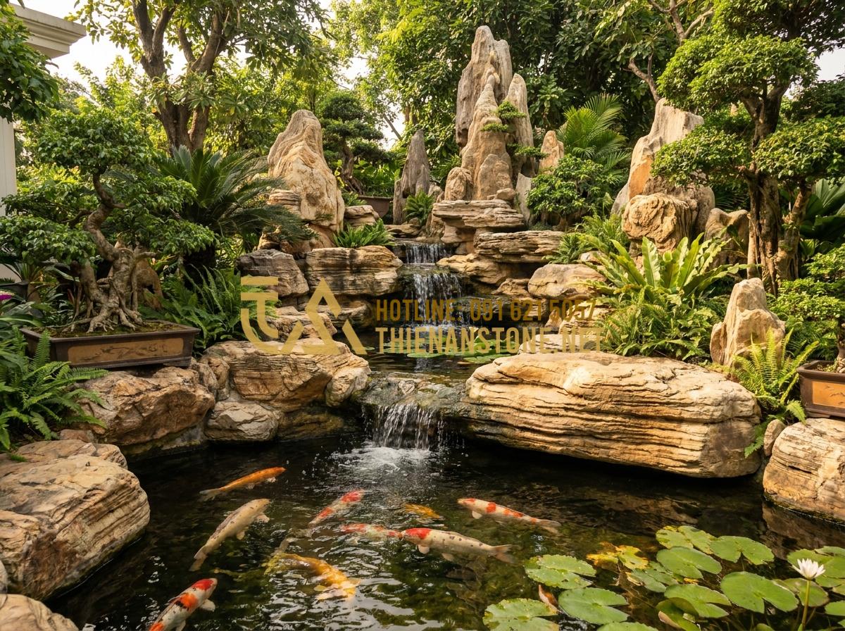 Hướng Dẫn Dùng Đá Cổ Thạch Kè Hồ Cá Koi Tuyệt Đẹp, Chuẩn Kỹ Thuật - Hình 18 Hướng Dẫn Dùng Đá Cổ Thạch Kè Hồ Cá Koi Tuyệt Đẹp, Chuẩn Kỹ Thuật - Elegant luxury Koi pond examples with intricate ancient co thach stone work, wat
