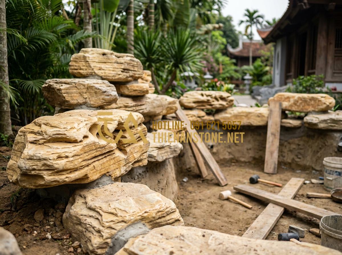 Hướng Dẫn Dùng Đá Cổ Thạch Kè Hồ Cá Koi Tuyệt Đẹp, Chuẩn Kỹ Thuật - Hình 19 Hướng Dẫn Dùng Đá Cổ Thạch Kè Hồ Cá Koi Tuyệt Đẹp, Chuẩn Kỹ Thuật - Professional team from Da Canh Thien An company installing high quality ancient