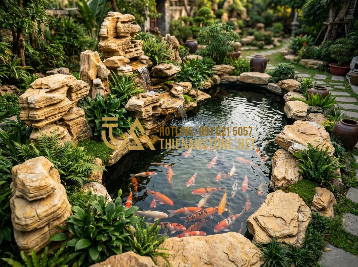 Hướng Dẫn Dùng Đá Cổ Thạch Kè Hồ Cá Koi Tuyệt Đẹp, Chuẩn Kỹ Thuật - Hình 2 Hướng Dẫn Dùng Đá Cổ Thạch Kè Hồ Cá Koi Tuyệt Đẹp, Chuẩn Kỹ Thuật - Wide angle shot of a luxurious Koi pond fully edged with ancient co thach stones