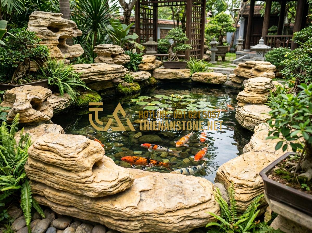 Hướng Dẫn Dùng Đá Cổ Thạch Kè Hồ Cá Koi Tuyệt Đẹp, Chuẩn Kỹ Thuật - Hình 20 Hướng Dẫn Dùng Đá Cổ Thạch Kè Hồ Cá Koi Tuyệt Đẹp, Chuẩn Kỹ Thuật - Completed beautiful Koi pond project by Da Canh Thien An featuring perfect ancie