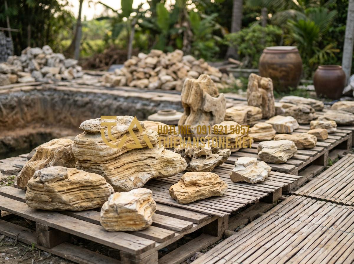Hướng Dẫn Dùng Đá Cổ Thạch Kè Hồ Cá Koi Tuyệt Đẹp, Chuẩn Kỹ Thuật - Hình 5 Hướng Dẫn Dùng Đá Cổ Thạch Kè Hồ Cá Koi Tuyệt Đẹp, Chuẩn Kỹ Thuật - Selection process of various sizes and colors of ancient co thach stones laid ou