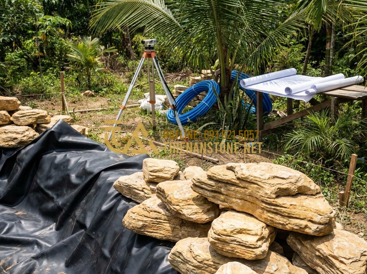Hướng Dẫn Dùng Đá Cổ Thạch Kè Hồ Cá Koi Tuyệt Đẹp, Chuẩn Kỹ Thuật - Hình 7 Hướng Dẫn Dùng Đá Cổ Thạch Kè Hồ Cá Koi Tuyệt Đẹp, Chuẩn Kỹ Thuật - Preparation stage for Koi pond construction showing surveying tools, stone piles