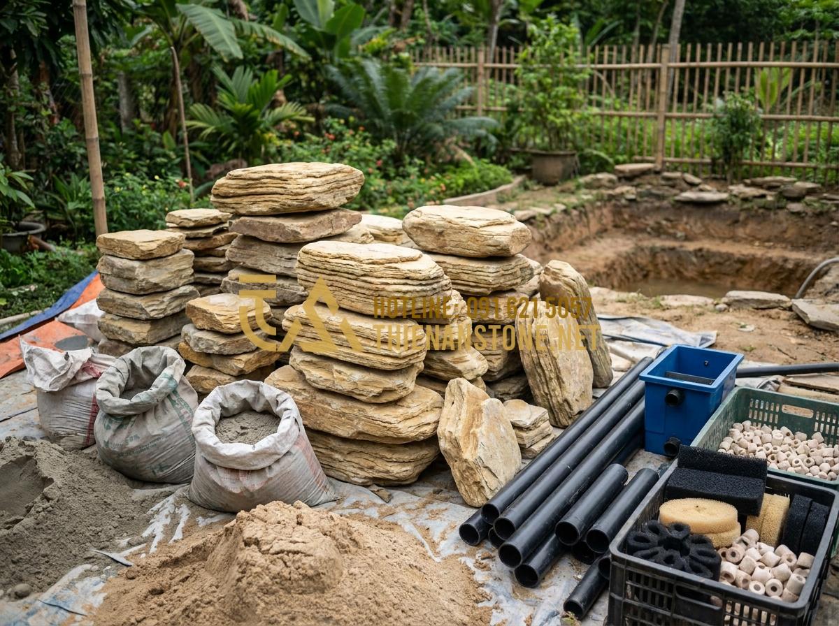 Hướng Dẫn Dùng Đá Cổ Thạch Kè Hồ Cá Koi Tuyệt Đẹp, Chuẩn Kỹ Thuật - Hình 8 Hướng Dẫn Dùng Đá Cổ Thạch Kè Hồ Cá Koi Tuyệt Đẹp, Chuẩn Kỹ Thuật - Complete material preparation layout including ancient co thach stones, cement,