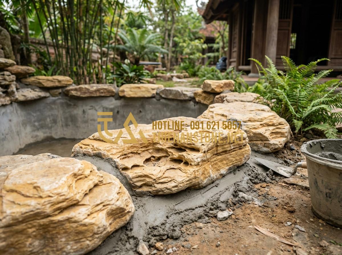 Hướng Dẫn Dùng Đá Cổ Thạch Kè Hồ Cá Koi Tuyệt Đẹp, Chuẩn Kỹ Thuật - Hình 9 Hướng Dẫn Dùng Đá Cổ Thạch Kè Hồ Cá Koi Tuyệt Đẹp, Chuẩn Kỹ Thuật - Step-by-step construction process of edging Koi pond with ancient stones, worker