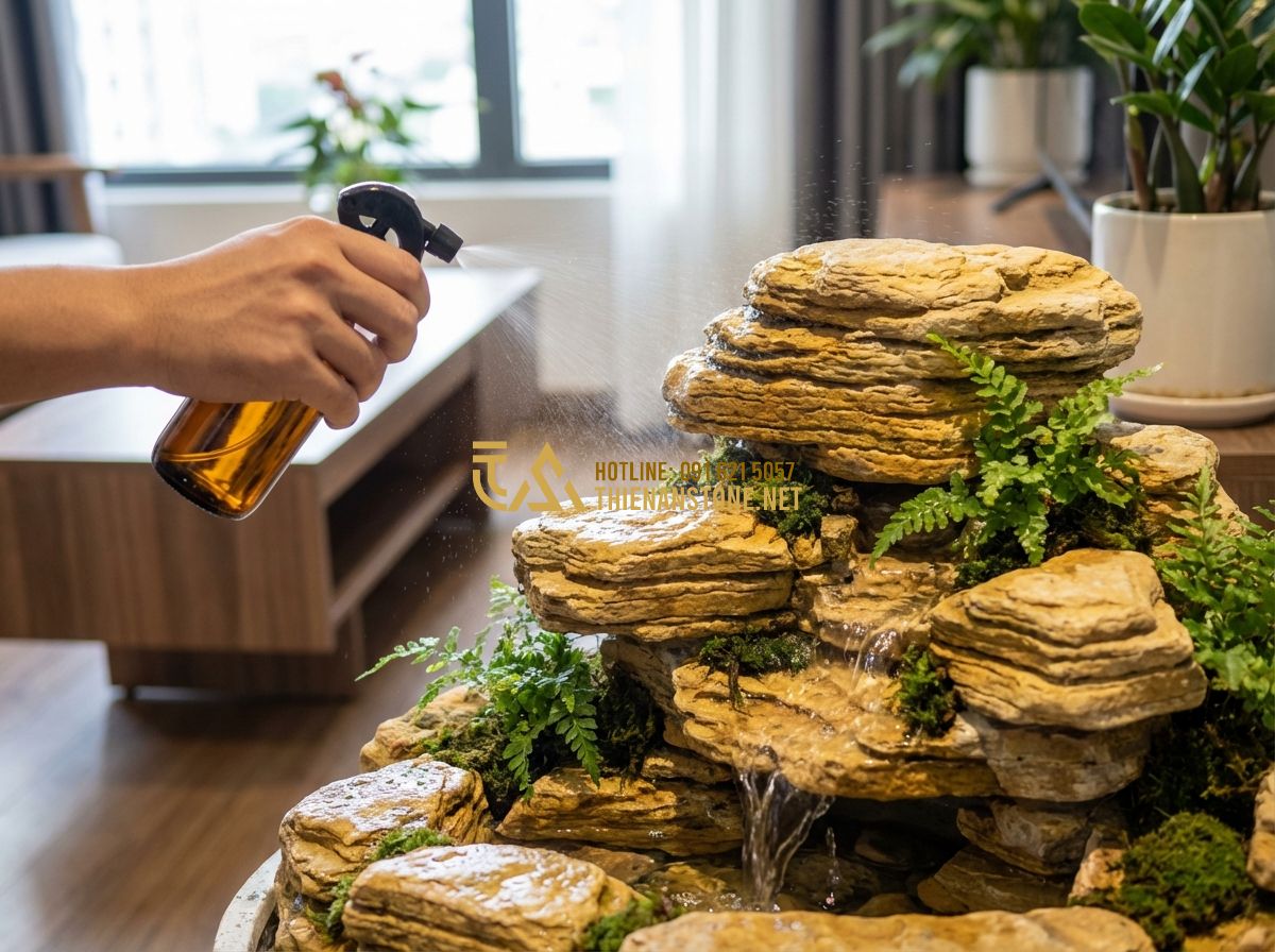 Hướng Dẫn Làm Hòn Non Bộ Thác Nước Mini Để Bàn Siêu Đẹp - Hình 4 Hướng Dẫn Làm Hòn Non Bộ Thác Nước Mini Để Bàn Siêu Đẹp - Tạo ảnh tiếng Anh: A person gently misting a mini rockery with a small spray bot