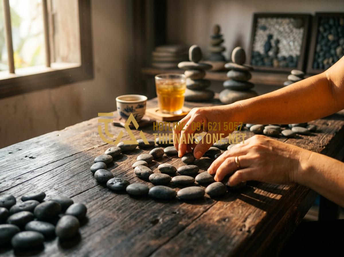 Hướng dẫn làm tranh đá cuội từ A-Z: Từ khâu chọn sỏi đến hoàn thiện - Tạo ảnh tiếng Anh: A professional and artistic close-up of a woman's hands caref