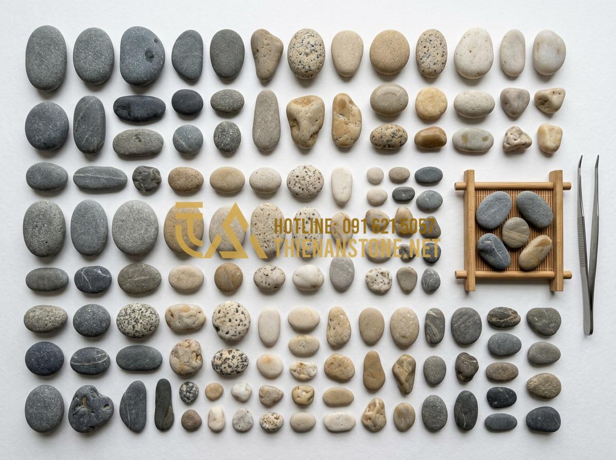 Hướng dẫn làm tranh đá cuội từ A-Z: Từ khâu chọn sỏi đến hoàn thiện - Tạo ảnh tiếng Anh: A flat lay of various high-quality natural river stones in di