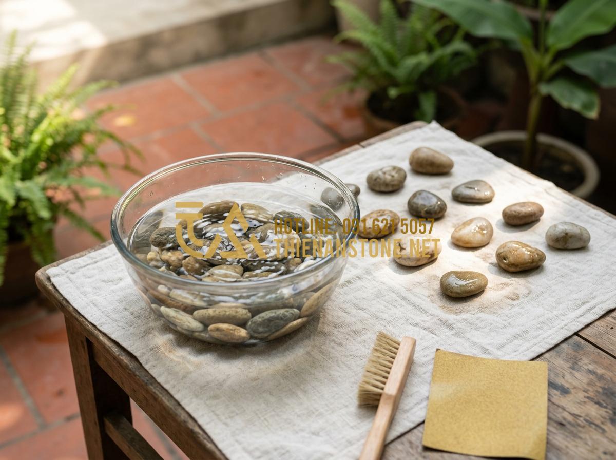 Hướng dẫn làm tranh đá cuội từ A-Z: Từ khâu chọn sỏi đến hoàn thiện - Tạo ảnh tiếng Anh: A process photo showing natural pebbles being washed in a cle