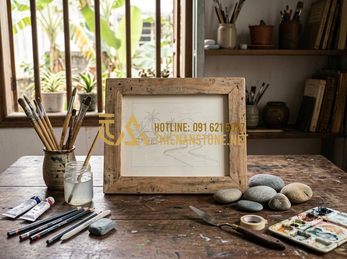 Hướng dẫn làm tranh đá cuội từ A-Z: Từ khâu chọn sỏi đến hoàn thiện - Tạo ảnh tiếng Anh: An artist's workspace with a wooden picture frame in the cent