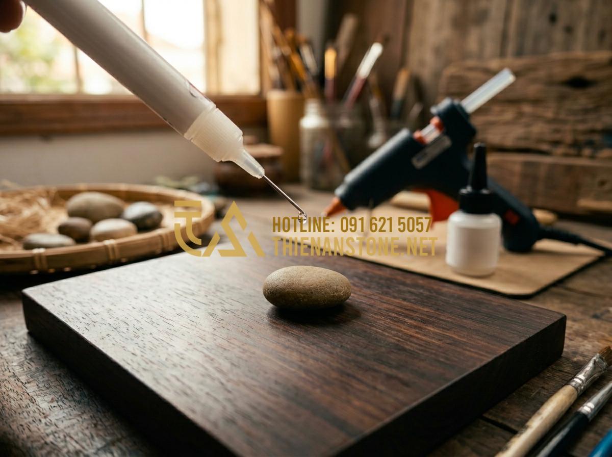 Hướng dẫn làm tranh đá cuội từ A-Z: Từ khâu chọn sỏi đến hoàn thiện - Tạo ảnh tiếng Anh: A detailed shot of the gluing process. A person is using a pr
