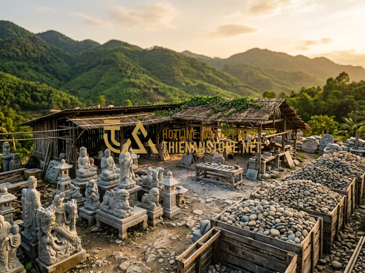 Hướng dẫn làm tranh đá cuội từ A-Z: Từ khâu chọn sỏi đến hoàn thiện - Tạo ảnh tiếng Anh: A panoramic shot of the "Xưởng Đá Mỹ Nghệ Thiên An" workshop