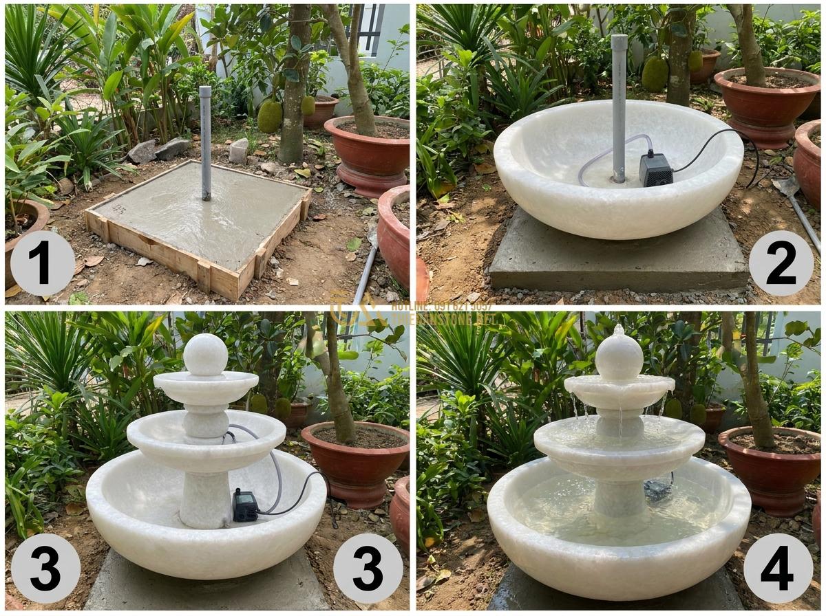 Hướng Dẫn Lắp Đặt Đài Phun Nước Bằng Đá Sân Vườn Đơn Giản Tại Nhà - Step-by-step instructional photo sequence showing stone fountain assembly proces