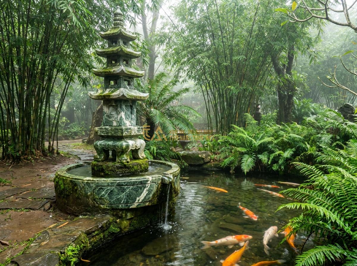 Hướng Dẫn Lắp Đặt Đài Phun Nước Bằng Đá Sân Vườn Đơn Giản Tại Nhà - Elegant Asian-inspired stone fountain with pagoda elements, bamboo surroundings