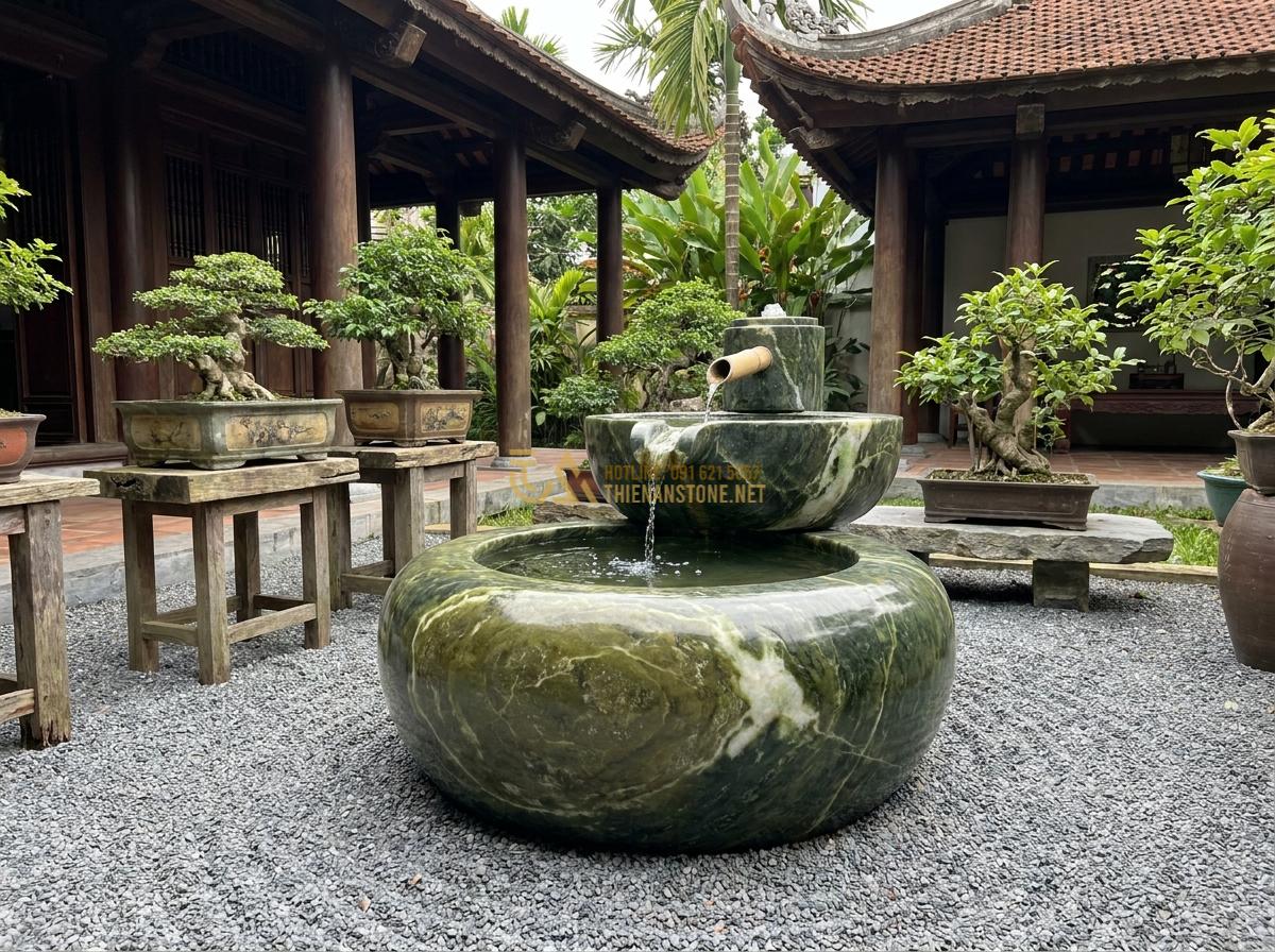 Hướng Dẫn Lắp Đặt Đài Phun Nước Bằng Đá Sân Vườn Đơn Giản Tại Nhà - Detailed view of carved stone fountain in Japanese Zen garden style adapted for