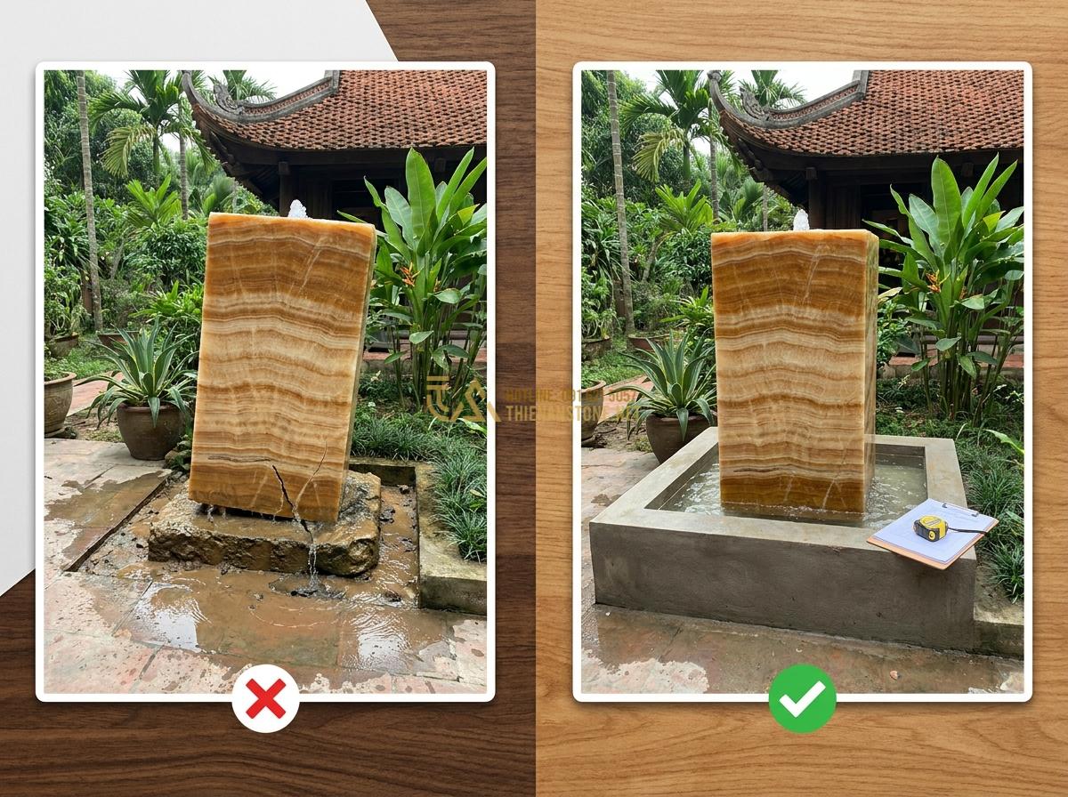 Hướng Dẫn Lắp Đặt Đài Phun Nước Bằng Đá Sân Vườn Đơn Giản Tại Nhà - Before and after comparison photo of correctly installed stone water fountain av