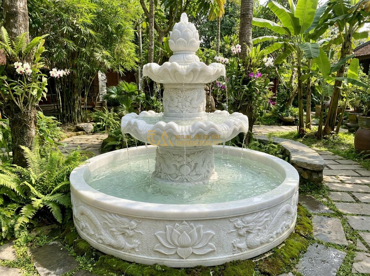 Hướng Dẫn Lắp Đặt Đài Phun Nước Bằng Đá Sân Vườn Đơn Giản Tại Nhà - Long-term pristine condition image of well-maintained stone water fountain after