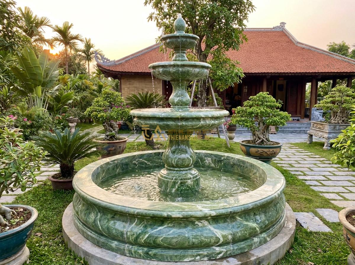 Hướng Dẫn Lắp Đặt Đài Phun Nước Bằng Đá Sân Vườn Đơn Giản Tại Nhà - Luxury completed stone fountain project with before price tag overlay, showing v