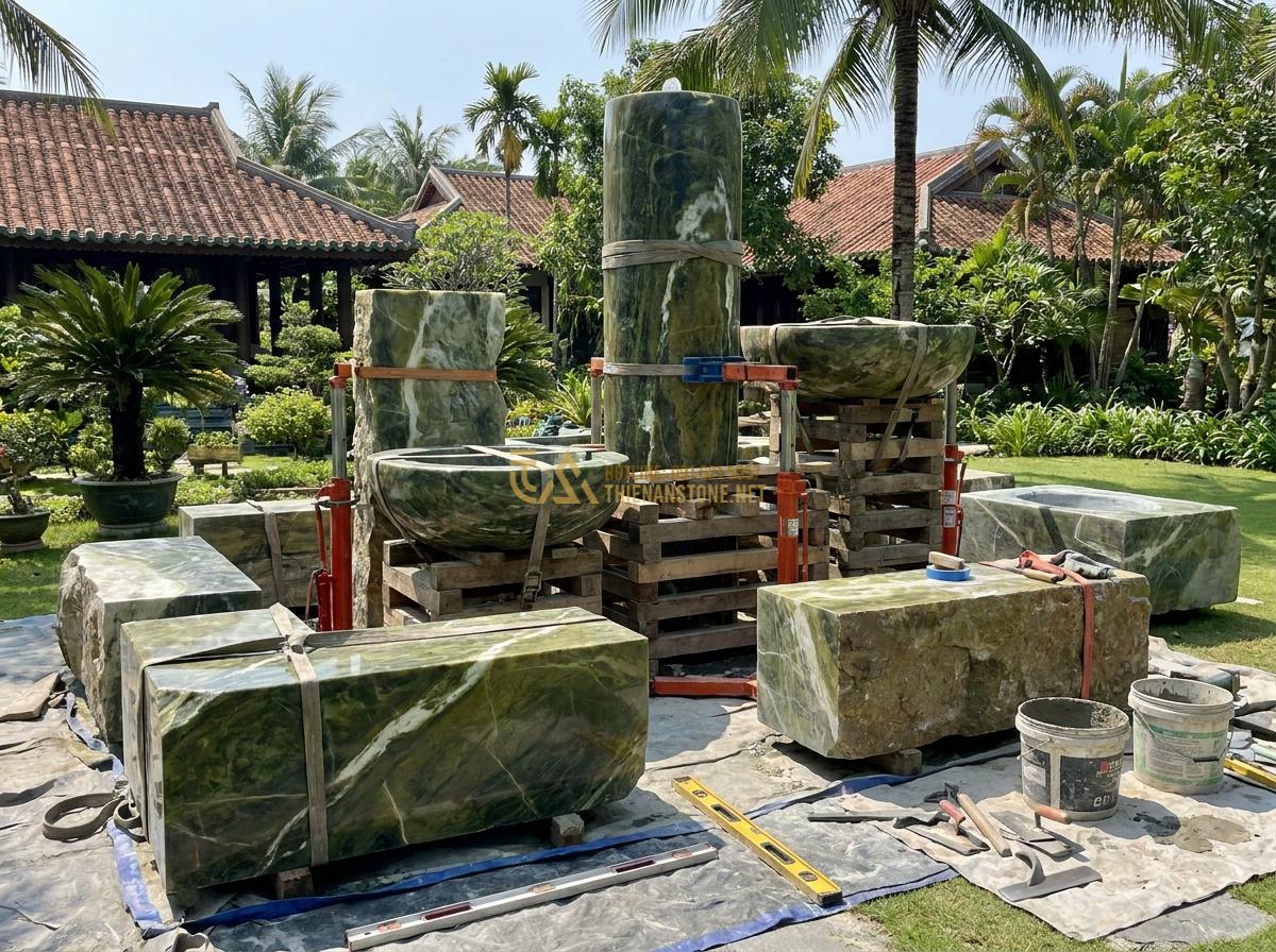 Hướng Dẫn Lắp Đặt Đài Phun Nước Bằng Đá Sân Vườn Đơn Giản Tại Nhà - Professional team from Da Canh Thien An installing a large stone water fountain