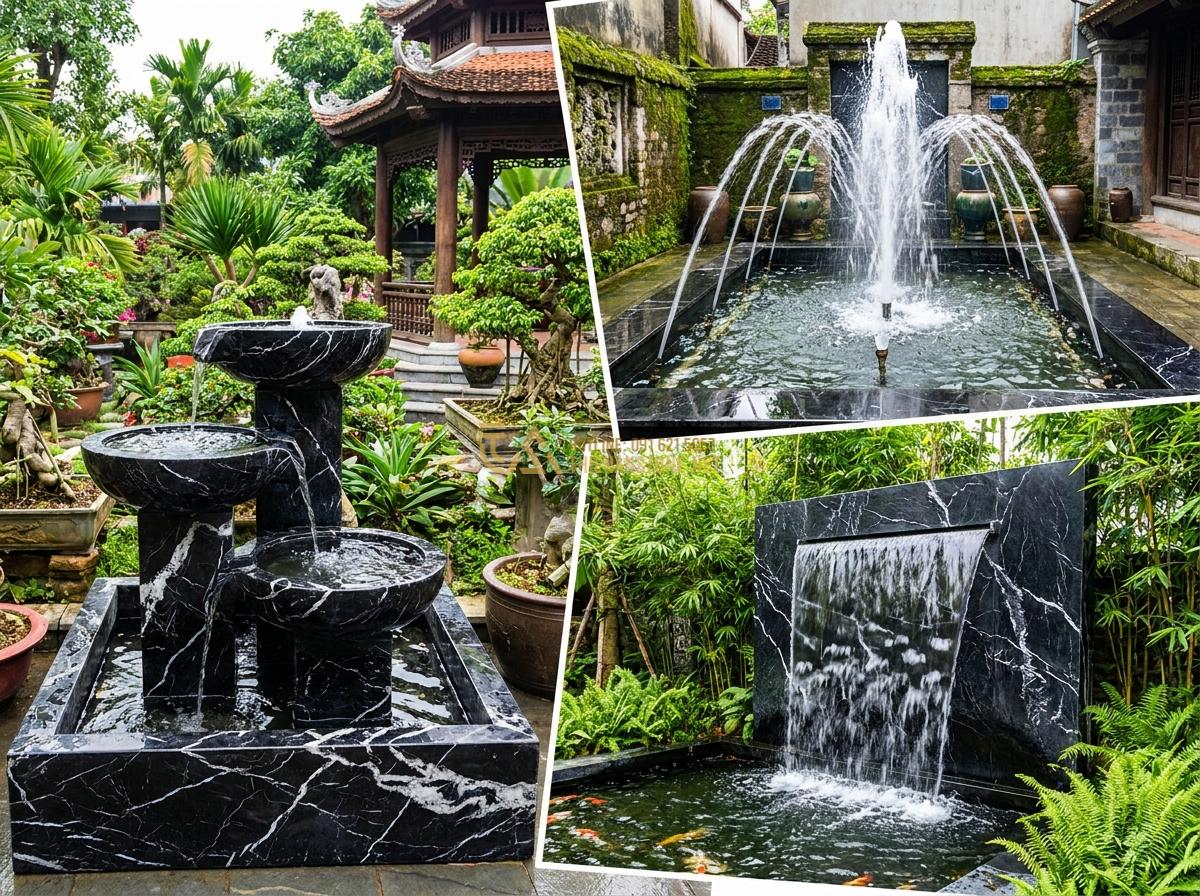 Hướng Dẫn Lắp Đặt Đài Phun Nước Bằng Đá Sân Vườn Đơn Giản Tại Nhà - Collage style image displaying various types of stone water fountains including
