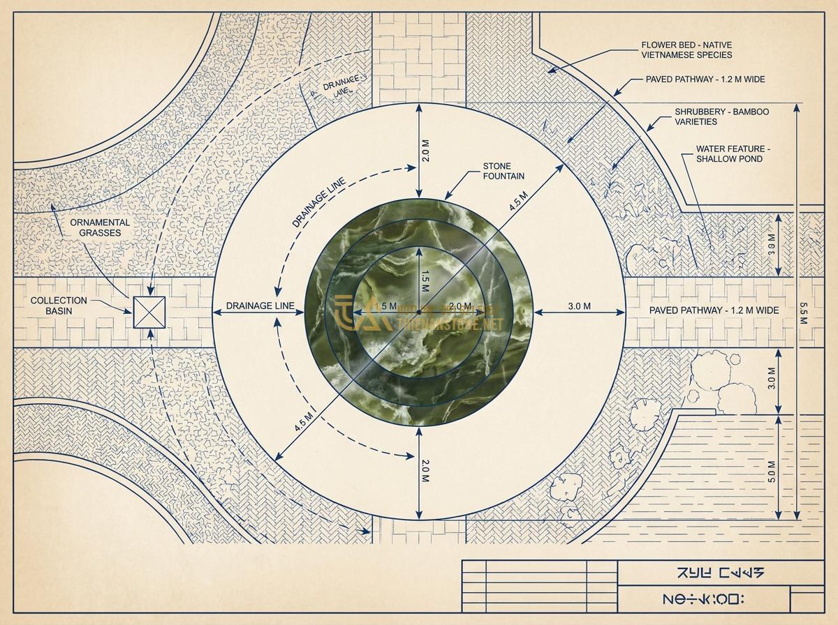 Hướng Dẫn Lắp Đặt Đài Phun Nước Bằng Đá Sân Vườn Đơn Giản Tại Nhà - Technical diagram style image of a garden layout plan showing stone fountain pla