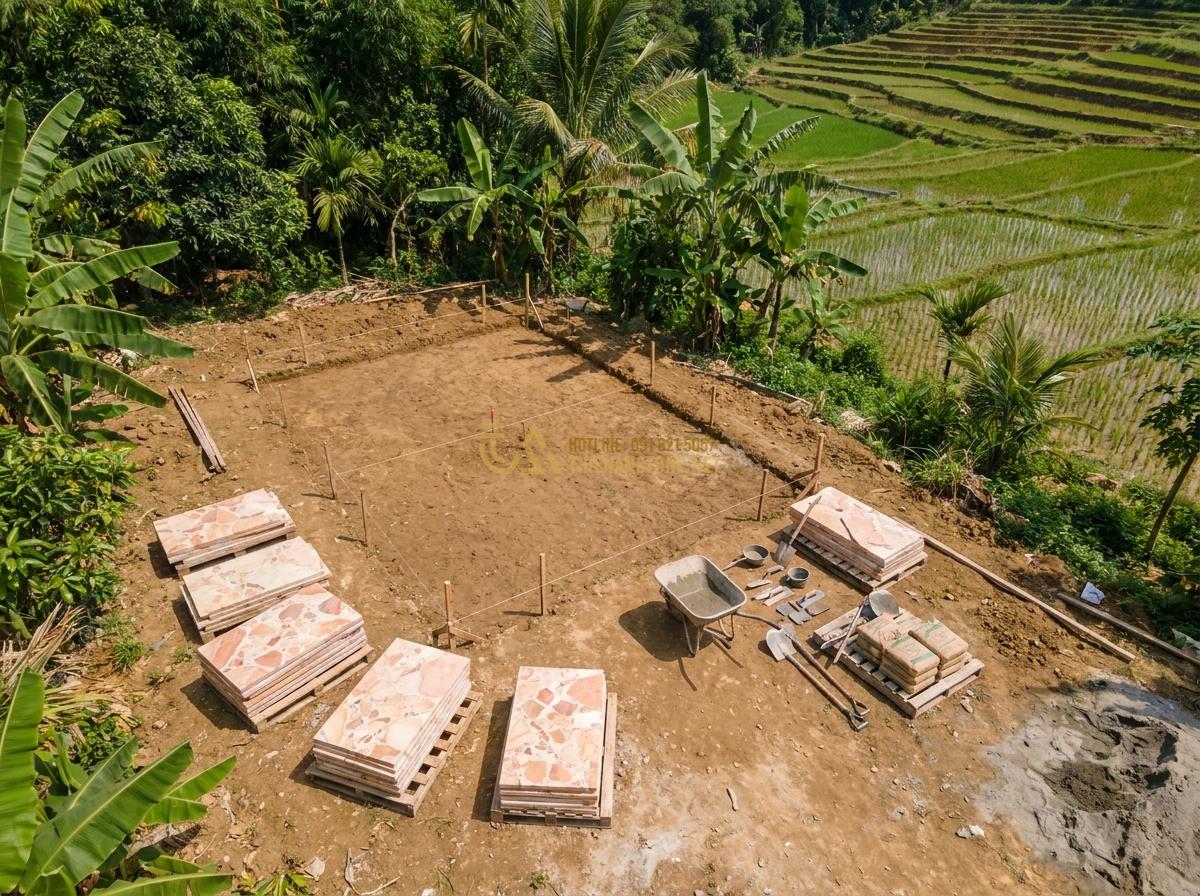 Hướng Dẫn Lắp Đặt Đài Phun Nước Bằng Đá Sân Vườn Đơn Giản Tại Nhà - Aerial view photograph of a prepared garden site with marked foundation area for