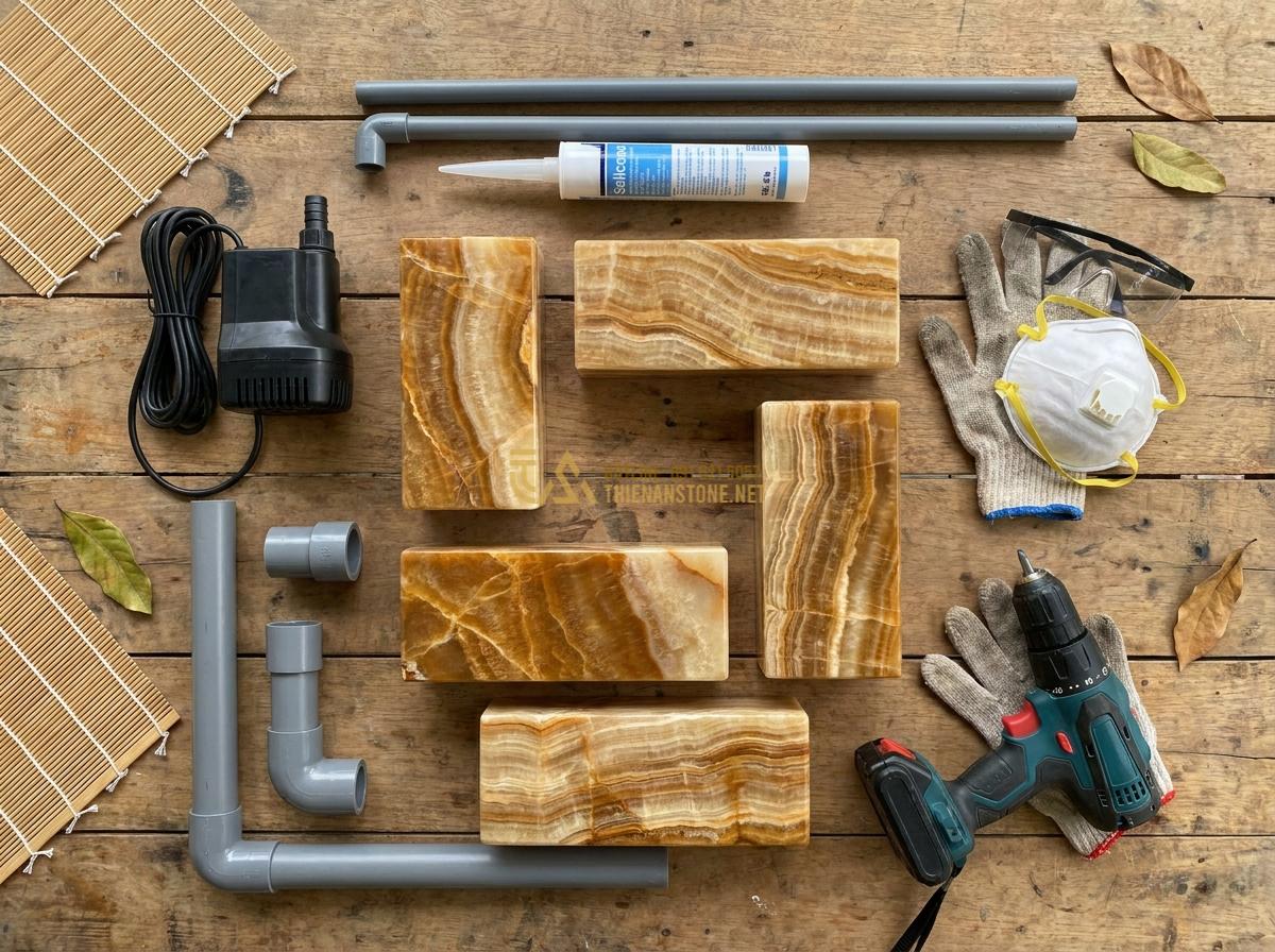 Hướng Dẫn Lắp Đặt Đài Phun Nước Bằng Đá Sân Vườn Đơn Giản Tại Nhà - Organized flat lay image of construction materials and tools for stone fountain
