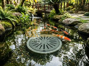 Hướng dẫn lắp đặt nắp hút đáy hồ Koi bằng đá đúng kỹ thuật, không gây tắc dòng - Tạo ảnh tiếng Anh: A professional stone artisan carefully placing a handcrafted