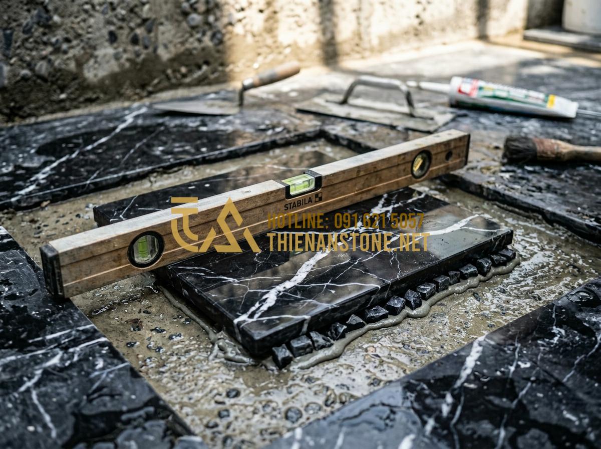 Hướng dẫn lắp đặt nắp hút đáy hồ Koi bằng đá đúng kỹ thuật, không gây tắc dòng - Tạo ảnh tiếng Anh: Detailed close-up of a stone bottom drain cover being leveled