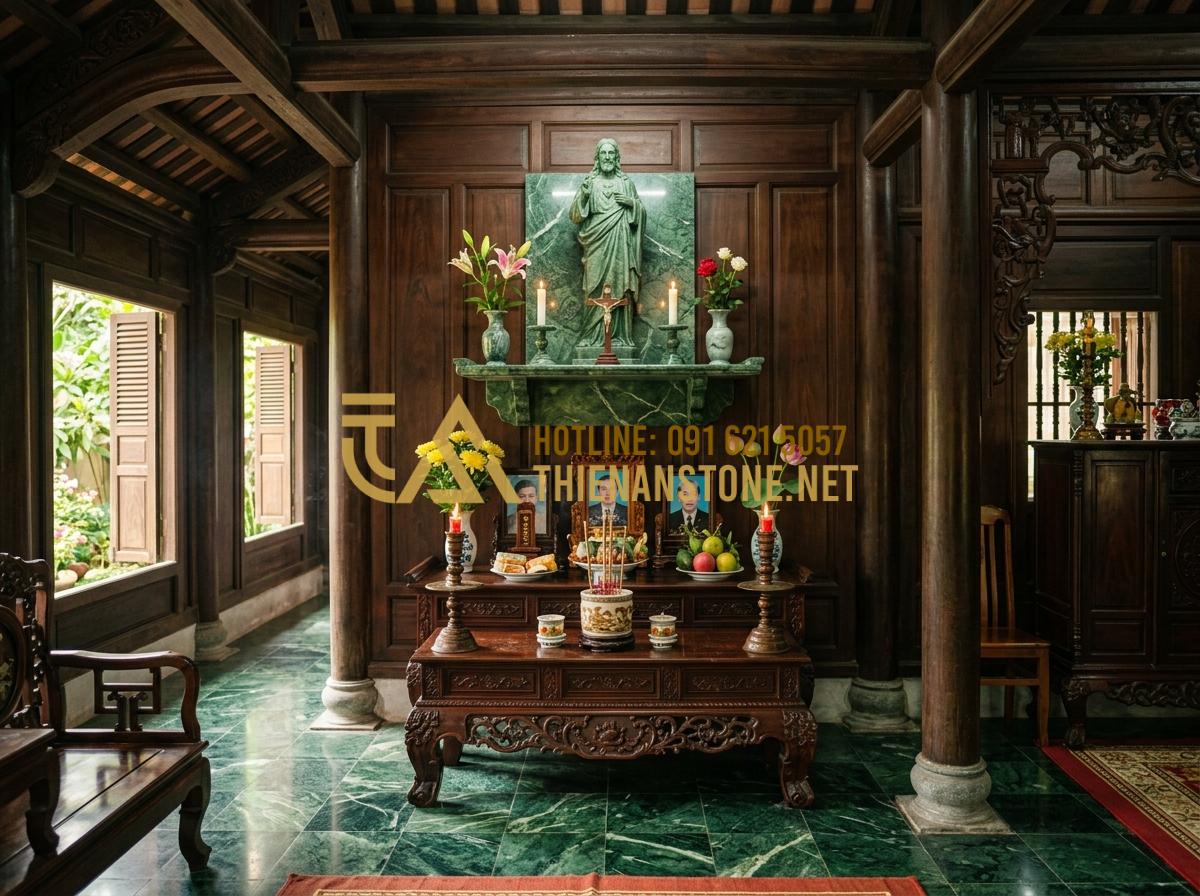 Hướng Dẫn Sắp Xếp Bàn Thờ Chúa Và Gia Tiên Trong Gia Đình Để Trọn Đạo - Hình 1 Hướng Dẫn Sắp Xếp Bàn Thờ Chúa Và Gia Tiên Trong Gia Đình Để Trọn Đạo - Tạo ảnh tiếng Anh: [A wide shot of a traditional Vietnamese house interior with
