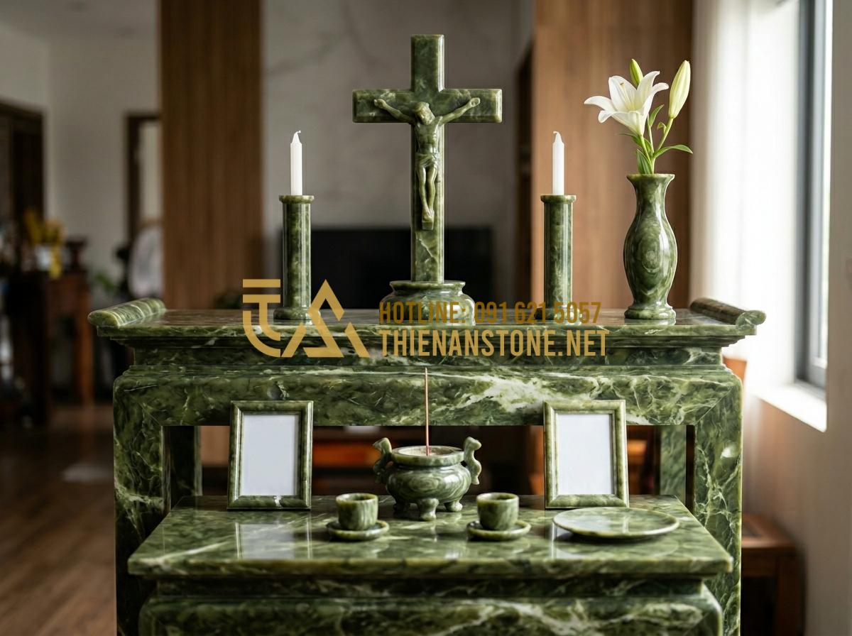 Hướng Dẫn Sắp Xếp Bàn Thờ Chúa Và Gia Tiên Trong Gia Đình Để Trọn Đạo - Hình 2 Hướng Dẫn Sắp Xếp Bàn Thờ Chúa Và Gia Tiên Trong Gia Đình Để Trọn Đạo - Tạo ảnh tiếng Anh: [Diagram of a Catholic home altar arrangement showing the hie