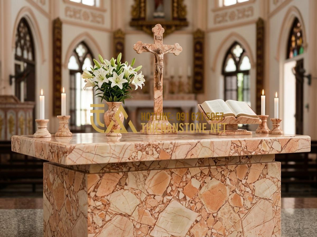 Hướng Dẫn Sắp Xếp Bàn Thờ Chúa Và Gia Tiên Trong Gia Đình Để Trọn Đạo - Hình 4 Hướng Dẫn Sắp Xếp Bàn Thờ Chúa Và Gia Tiên Trong Gia Đình Để Trọn Đạo - Tạo ảnh tiếng Anh: [A beautifully arranged Catholic altar with a central crucifi
