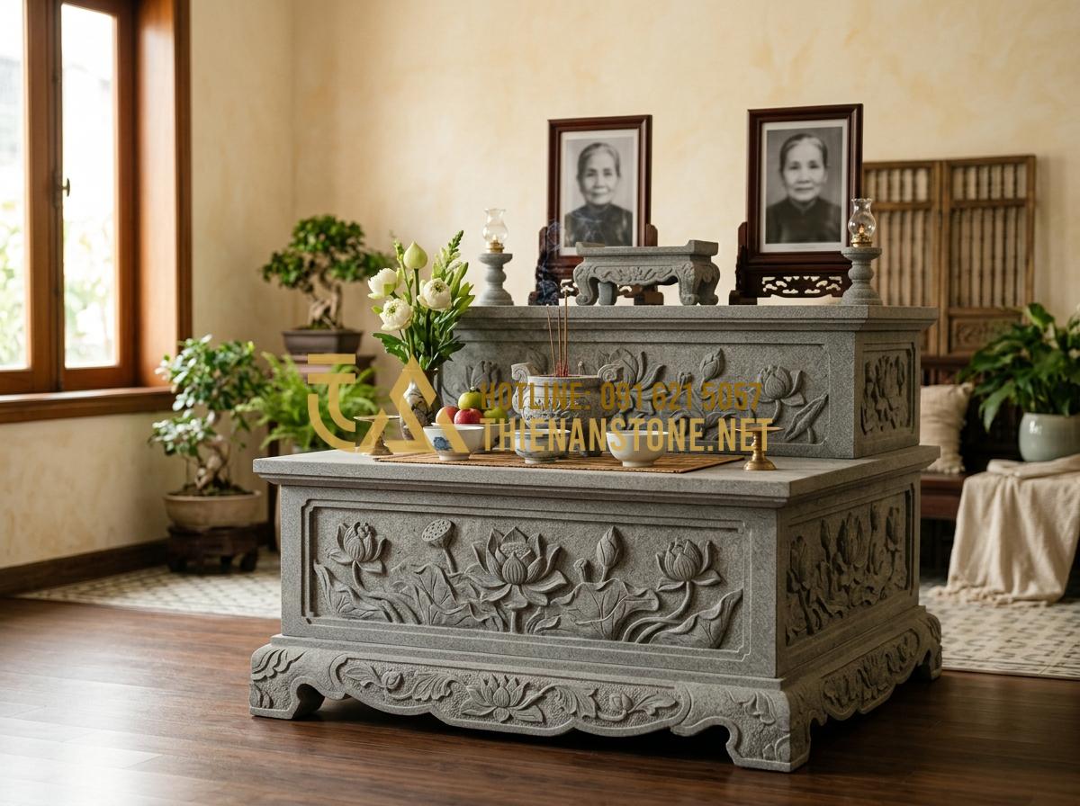 Hướng Dẫn Sắp Xếp Bàn Thờ Chúa Và Gia Tiên Trong Gia Đình Để Trọn Đạo - Hình 6 Hướng Dẫn Sắp Xếp Bàn Thờ Chúa Và Gia Tiên Trong Gia Đình Để Trọn Đạo - Tạo ảnh tiếng Anh: [A modern stone altar specifically designed for parents (mẫu