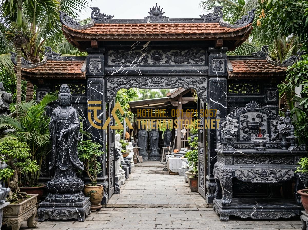 Hướng Dẫn Sắp Xếp Bàn Thờ Chúa Và Gia Tiên Trong Gia Đình Để Trọn Đạo - Hình 8 Hướng Dẫn Sắp Xếp Bàn Thờ Chúa Và Gia Tiên Trong Gia Đình Để Trọn Đạo - Tạo ảnh tiếng Anh: [The entrance of a professional stone carving workshop named