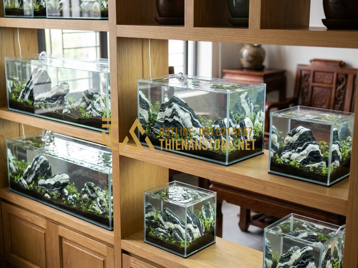 Hướng dẫn setup bể thủy sinh đá Tuyết Sơn cực đẹp cho người mới bắt đầu - Various aquarium tank sizes comparison chart with Tuyet Son stone layouts inside