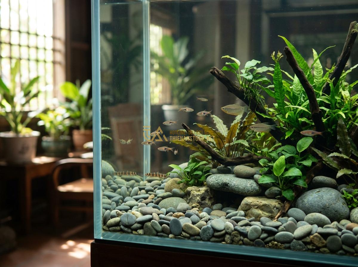 Hướng Dẫn Setup Bể Thủy Sinh & Hồ Biotop Đá Cuội Từ A-Z Cho Người Mới - Fully stocked biotop pebble aquarium with healthy plants and fish in natural har