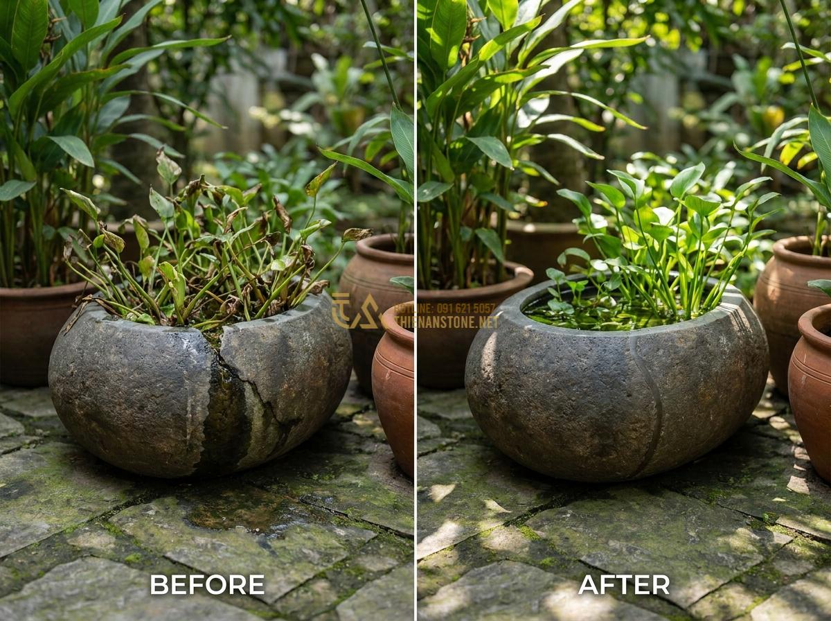 Hướng Dẫn Setup Bể Thủy Sinh & Hồ Biotop Đá Cuội Từ A-Z Cho Người Mới - Before and after images of error correction in a biotop stone tank showing succe