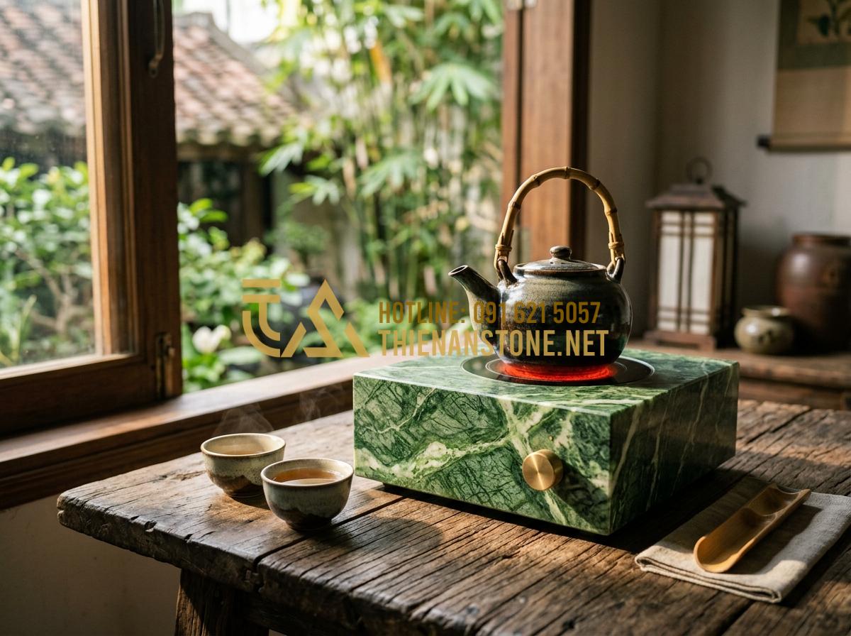 Hướng dẫn sử dụng và vệ sinh bếp đá hồng ngoại mini luôn bền đẹp như mới - Hình 1 Hướng dẫn sử dụng và vệ sinh bếp đá hồng ngoại mini luôn bền đẹp như mới - Tạo ảnh tiếng Anh: A high-end, professional photography shot of a handcrafted na