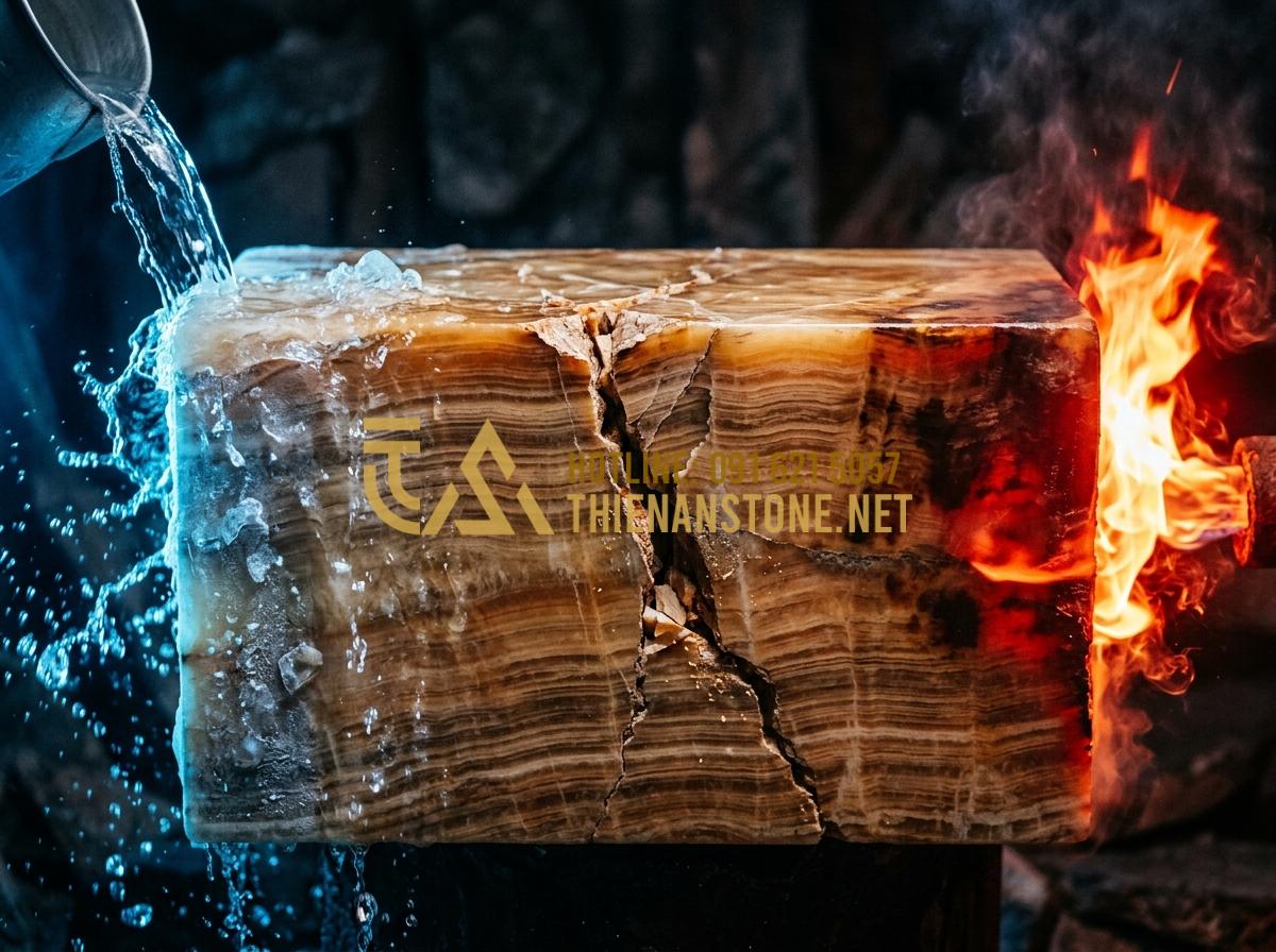Hướng dẫn sử dụng và vệ sinh bếp đá hồng ngoại mini luôn bền đẹp như mới - Hình 10 Hướng dẫn sử dụng và vệ sinh bếp đá hồng ngoại mini luôn bền đẹp như mới - Tạo ảnh tiếng Anh: A conceptual illustration of thermal shock on stone. On one s